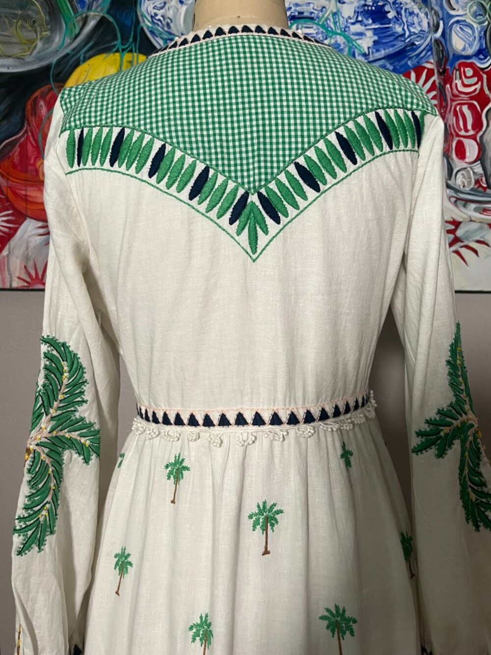 FARM Rio Embroidered Palm Tree Gingham Green White Maxi Dress - Picture 10 of 12